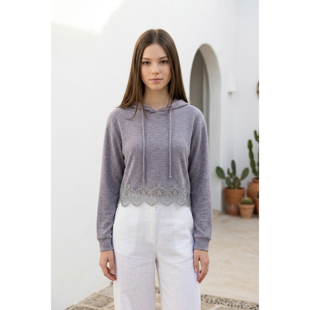Beyond the Radar Hoodie Womens S Gray Lace Trim Cropped Pullover Romantic Boho